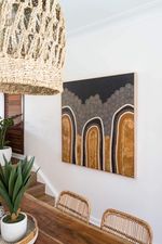 Aboriginal artwork by Wiradjuri artist Lauren Freestone, painted during Australia’s bushfires with flame-like forms symbolising ancestral spirit, cultural burning, and resilience