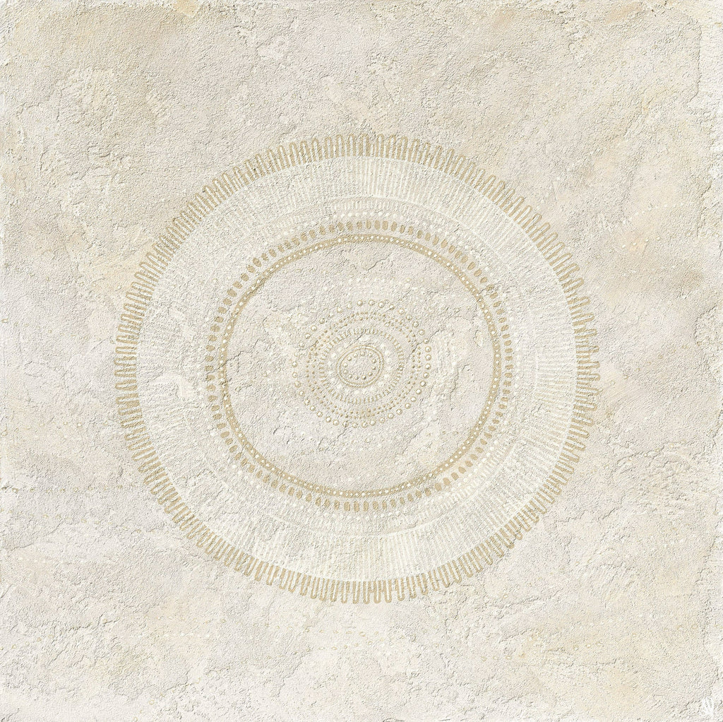 Aboriginal artwork by Wiradjuri artist Lauren Freestone, inspired by the coastline with tidal patterns, shells, footprints, bubbles, and a central midden site symbolising ancestral connection.
